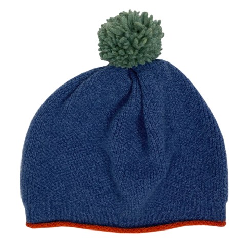 denim blue pom pom hat with orange trim and azure blue pom3